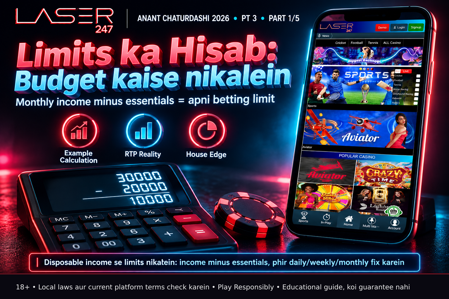 Calculator showing monthly income minus essential expenses to calculate disposable income for setting gaming limits