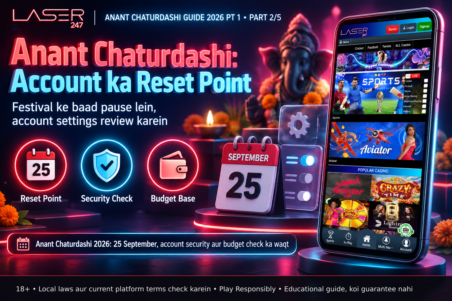 Smartphone displaying calendar date September 25 and open gaming account settings menu for Anant Chaturdashi reset