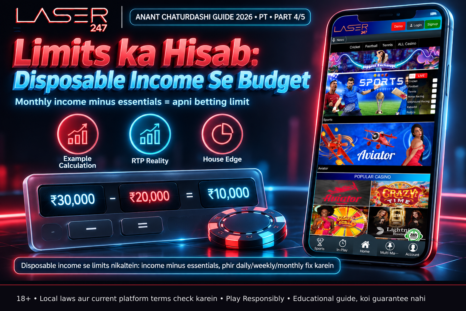 Calculator showing monthly income minus essential expenses to calculate disposable income for setting gaming limits