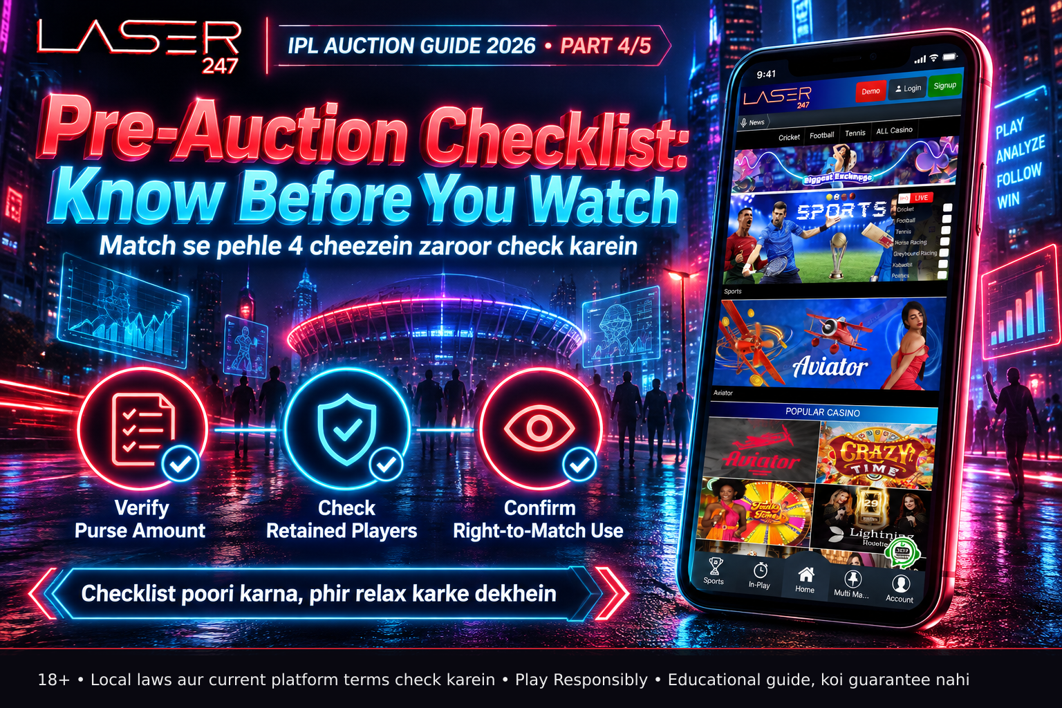Phone displaying a verification checklist for IPL auction rules before viewing