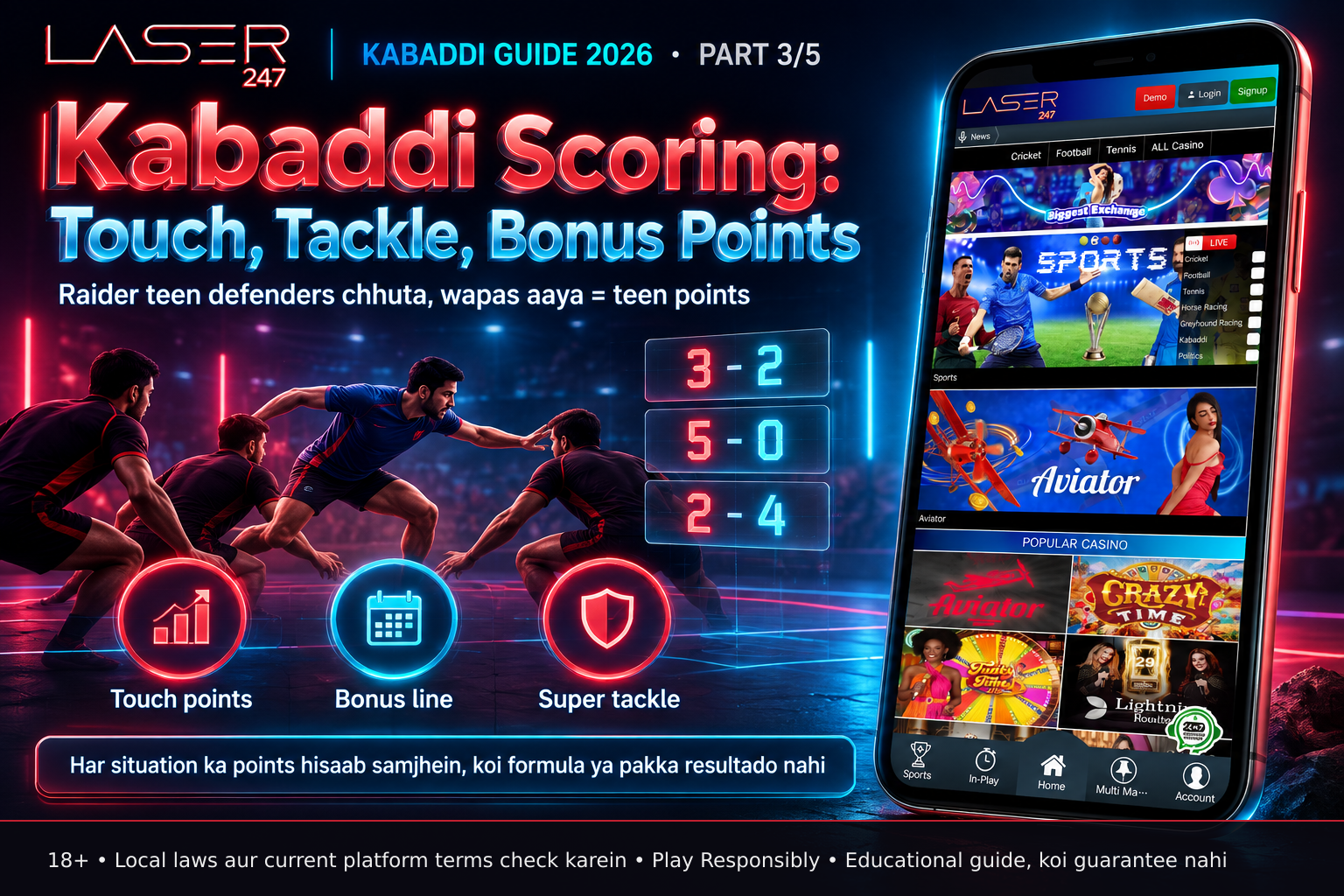 Digital kabaddi scoreboard displaying two scores: left team 3, right team 2 in one frame; left 5, right 0 in second; left 2, right 4 in third, no text on teams, no text