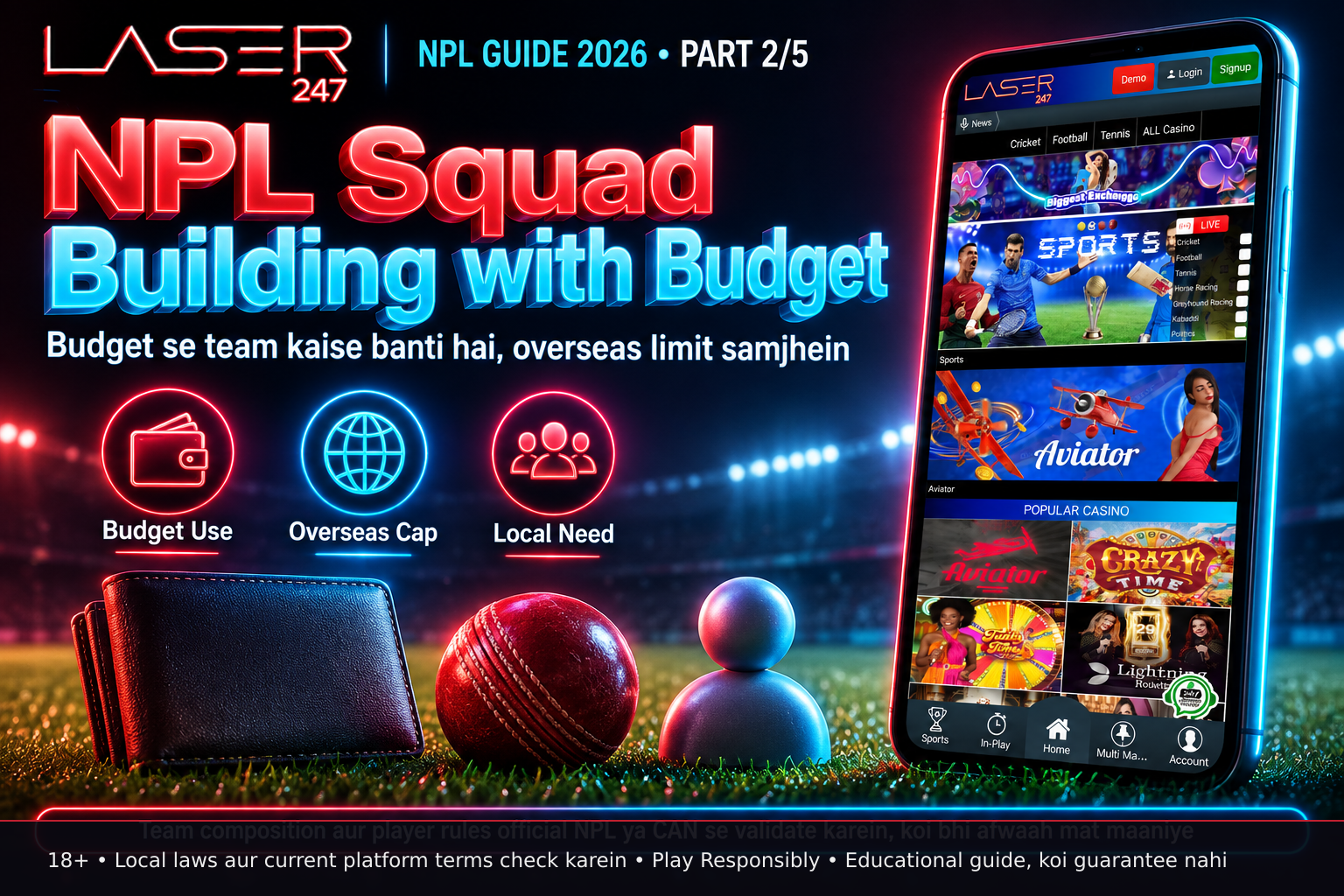 A wallet, a cricket ball, and a user symbol arranged on grass to illustrate budget allocation, player selection, and local participation in Nepal Premier League squad building