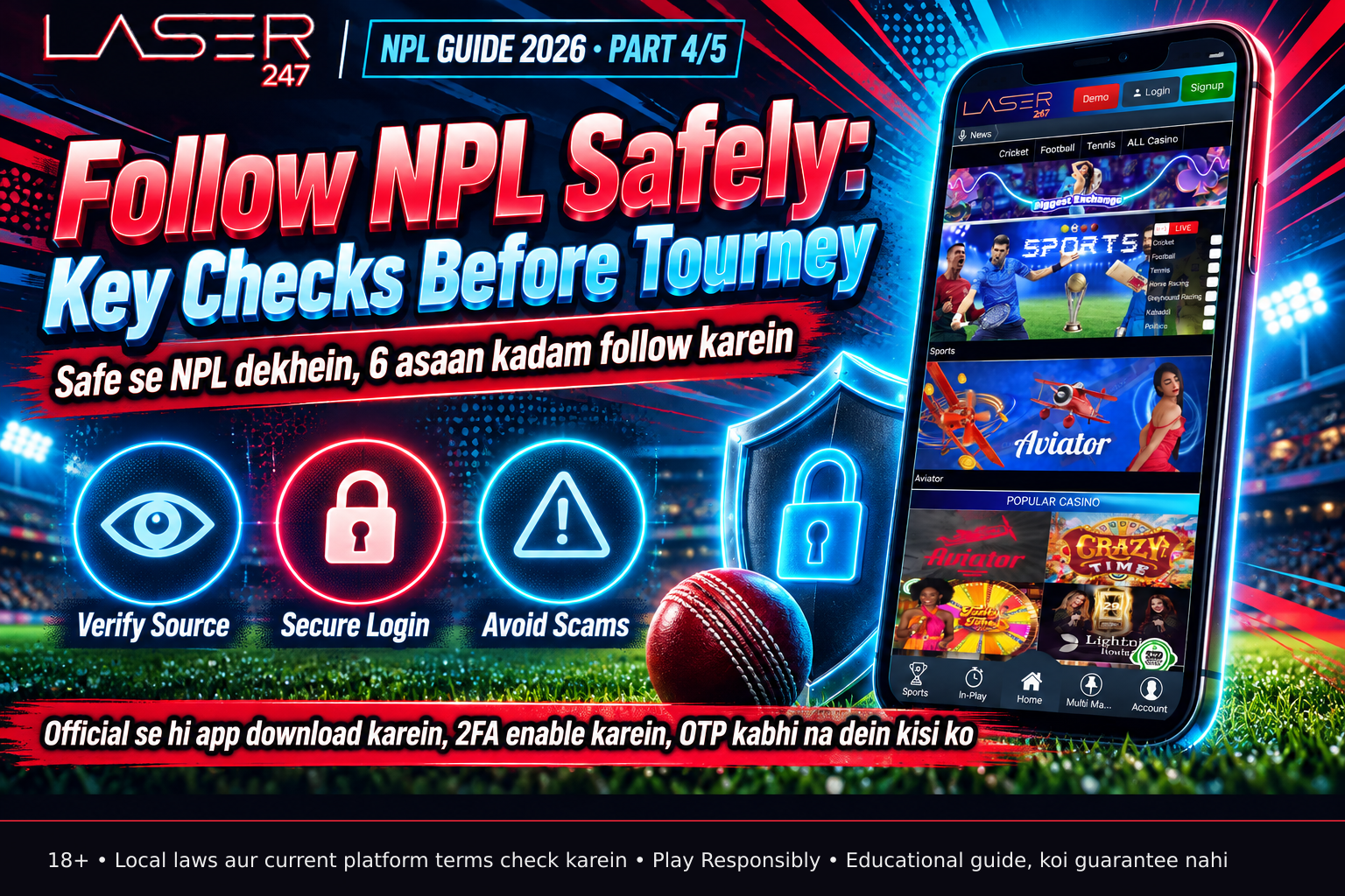 A mobile phone displaying a shield and a lock symbol placed on grass next to a cricket ball, illustrating device security, account protection, and safe engagement with Nepal Premier League content