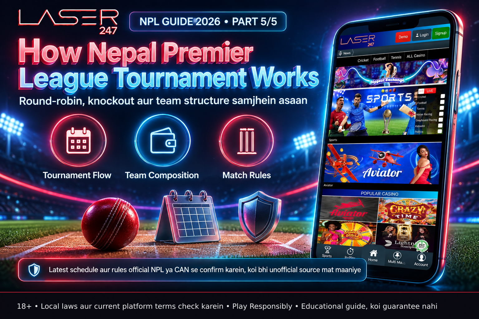 A cricket pitch strip with ball, calendar, shield — representing match timing, scheduling, and security for understanding how the Nepal Premier League operates each season. 192 characters.