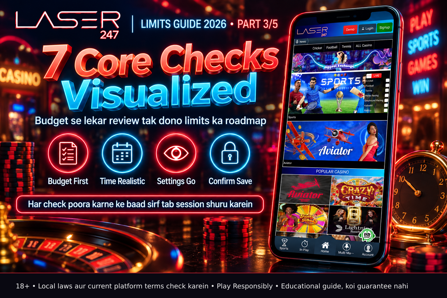 Vertical checklist showing seven completed items: budget, time, settings, confirm, cooling-off, mechanics, review