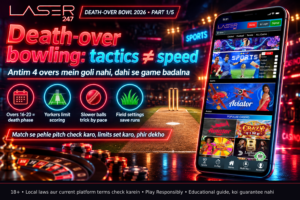 Diagram showing a cricket pitch with a yorker target zone highlighted at the batter's toes, emphasizing precision over power in death-over bowling