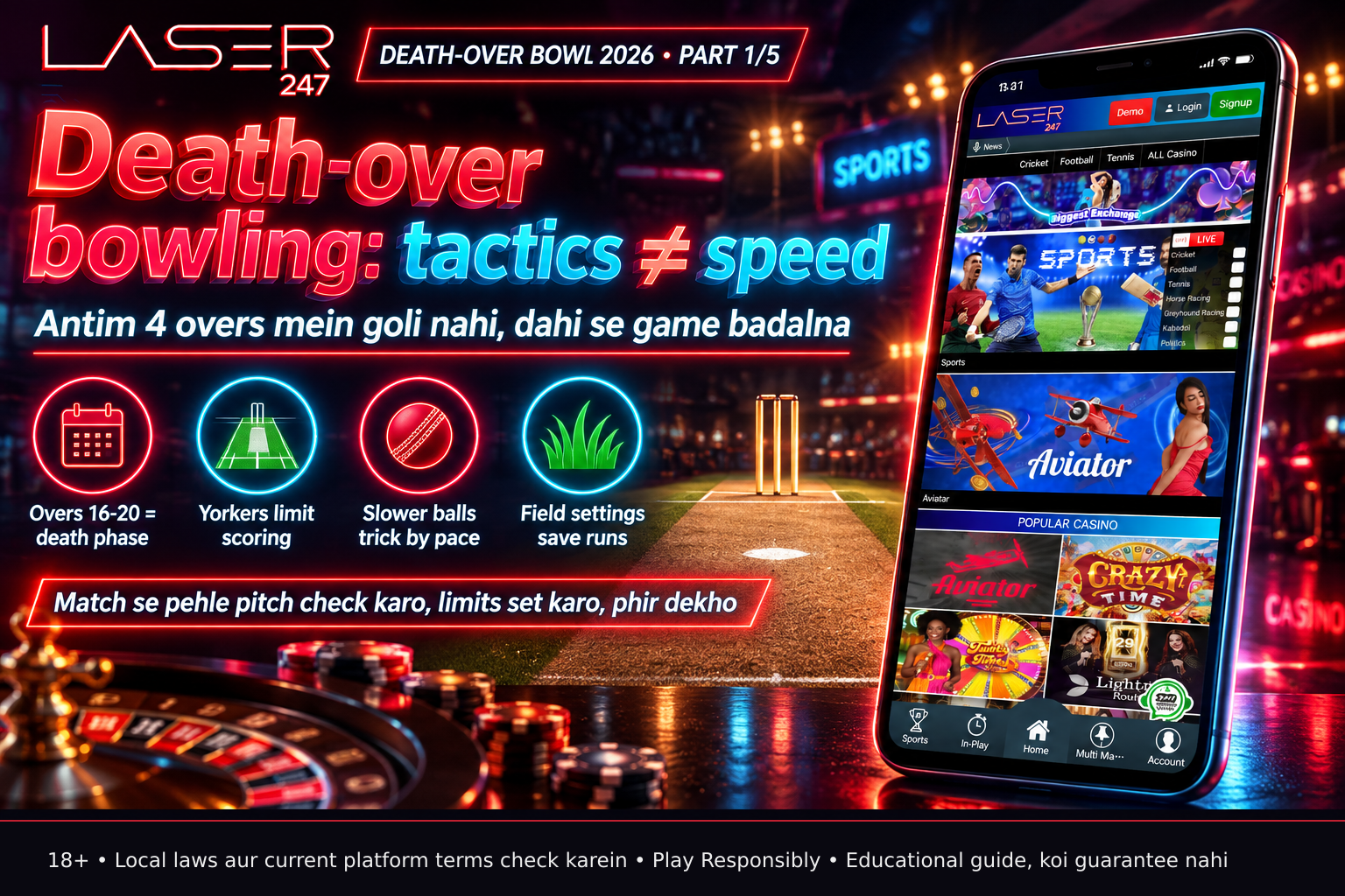 Diagram showing a cricket pitch with a yorker target zone highlighted at the batter's toes, emphasizing precision over power in death-over bowling