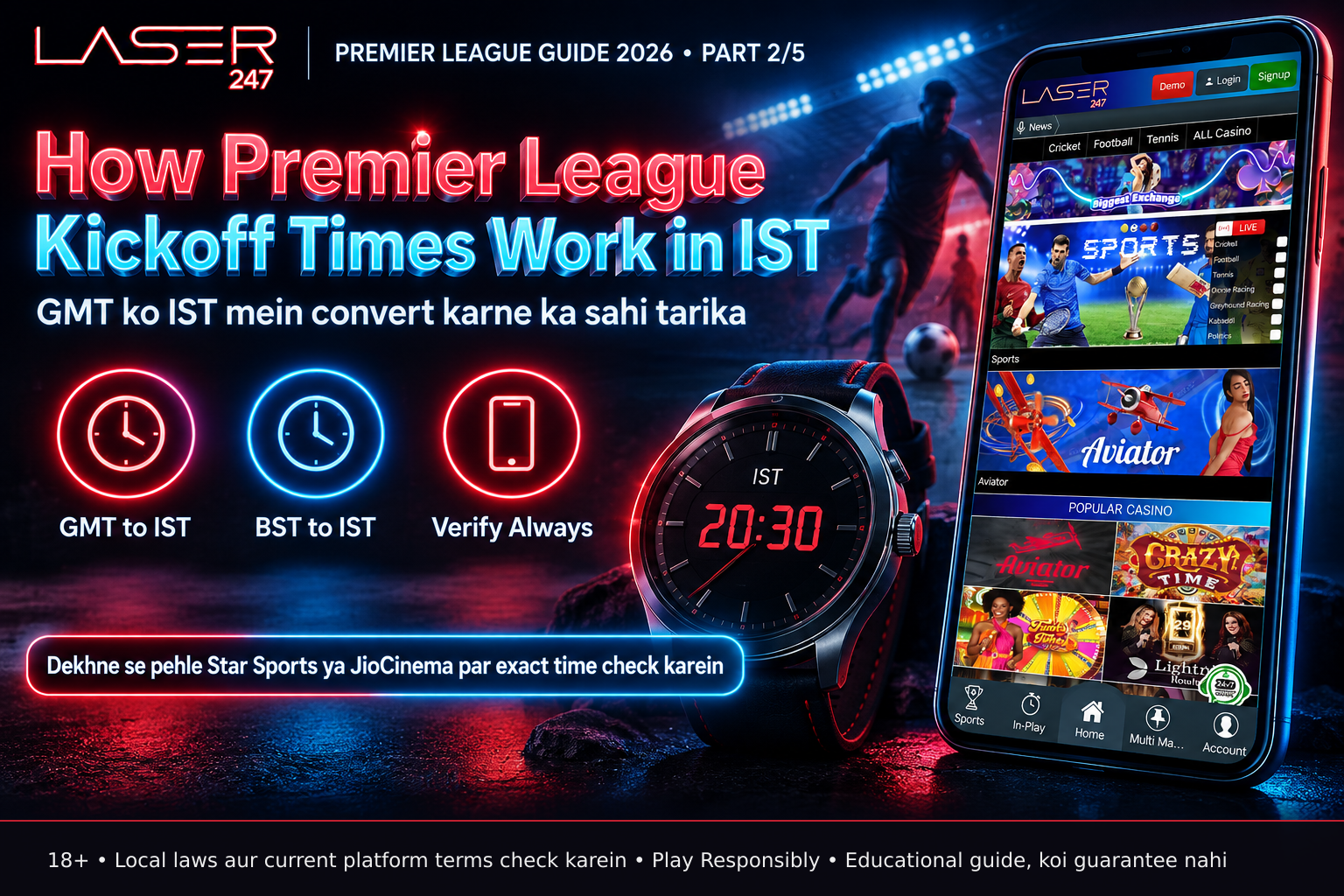 A close-up of a wristwatch displaying 8:30 PM IST alongside a faint Premier League match graphic, illustrating time conversion for viewers in India
