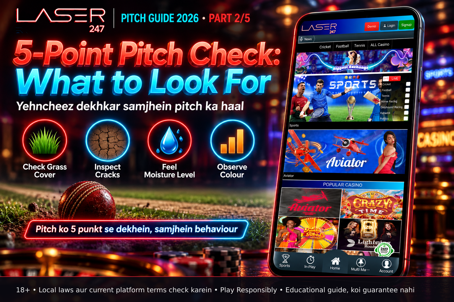 Smartphone showing a close-up image of a cricket pitch surface highlighting grass texture, surface fissures and damp areas for pitch assessment