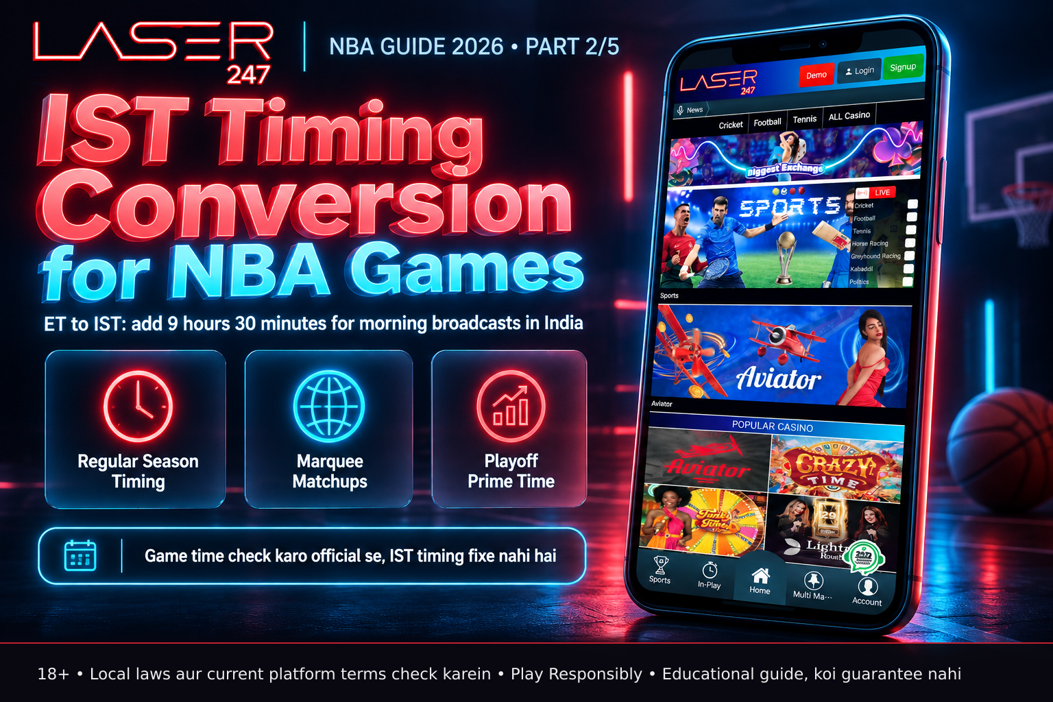 Visual of a phone showing an NBA game schedule with Eastern Time converted to Indian Standard Time, no text or logos