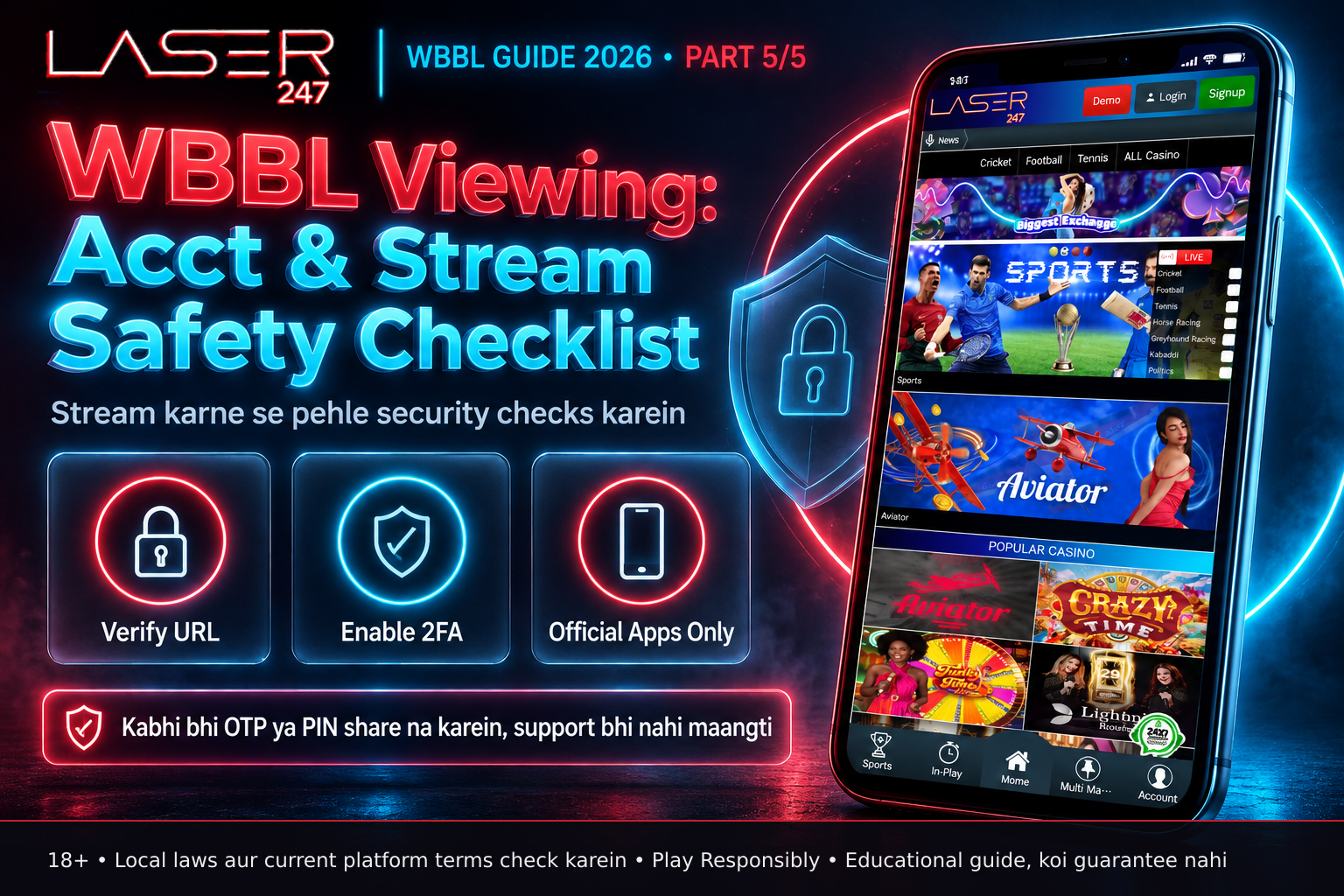 Mobile device displaying a secure login screen with HTTPS indicator for WBBL streaming safety