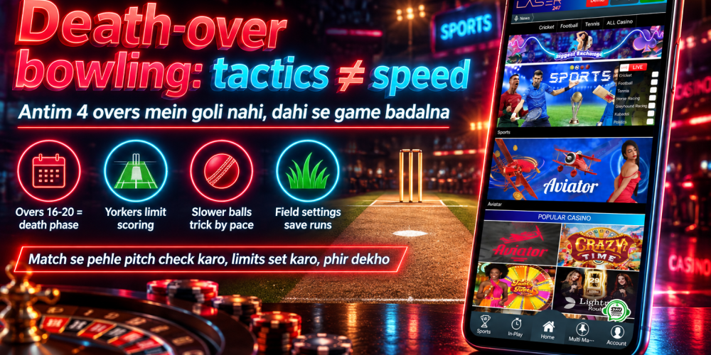 Diagram showing a cricket pitch with a yorker target zone highlighted at the batter's toes, emphasizing precision over power in death-over bowling