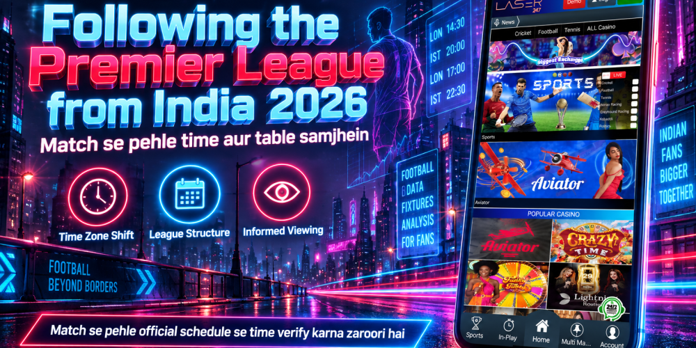 A smartphone screen displaying a Premier League fixture list with kick-off times shown in both GMT and IST for Indian viewers checking match schedules
